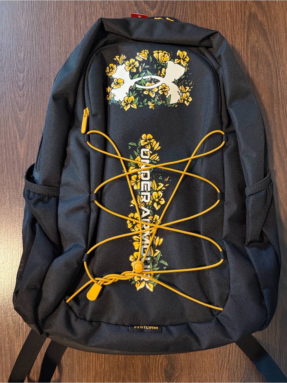 NWT Under Armour Hustle Sport Black Backpack with Yellow Floral Accents